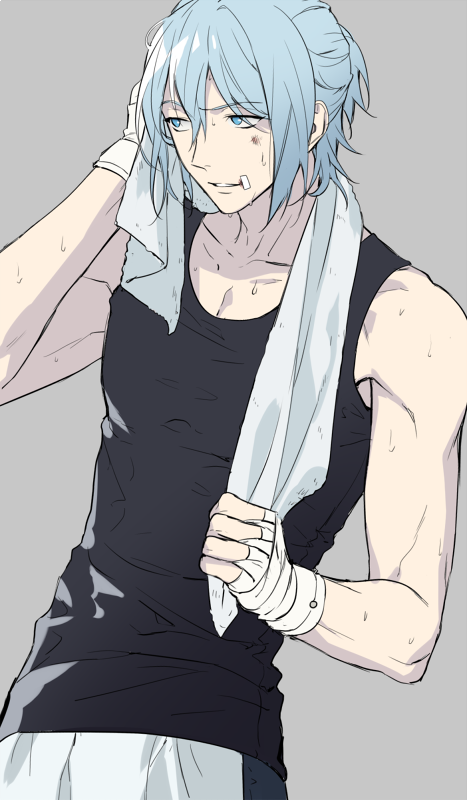 1boy, bandage, bandaid, bandaid_on_face, bare_shoulders, blue_eyes, blue_hair, bruise