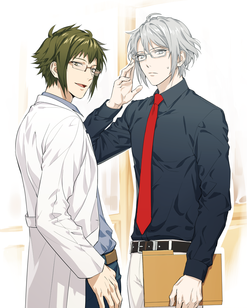 2boys, adjusting_glasses, belt, bespectacled, closed_mouth, dress_shirt, glasses, green_eyes