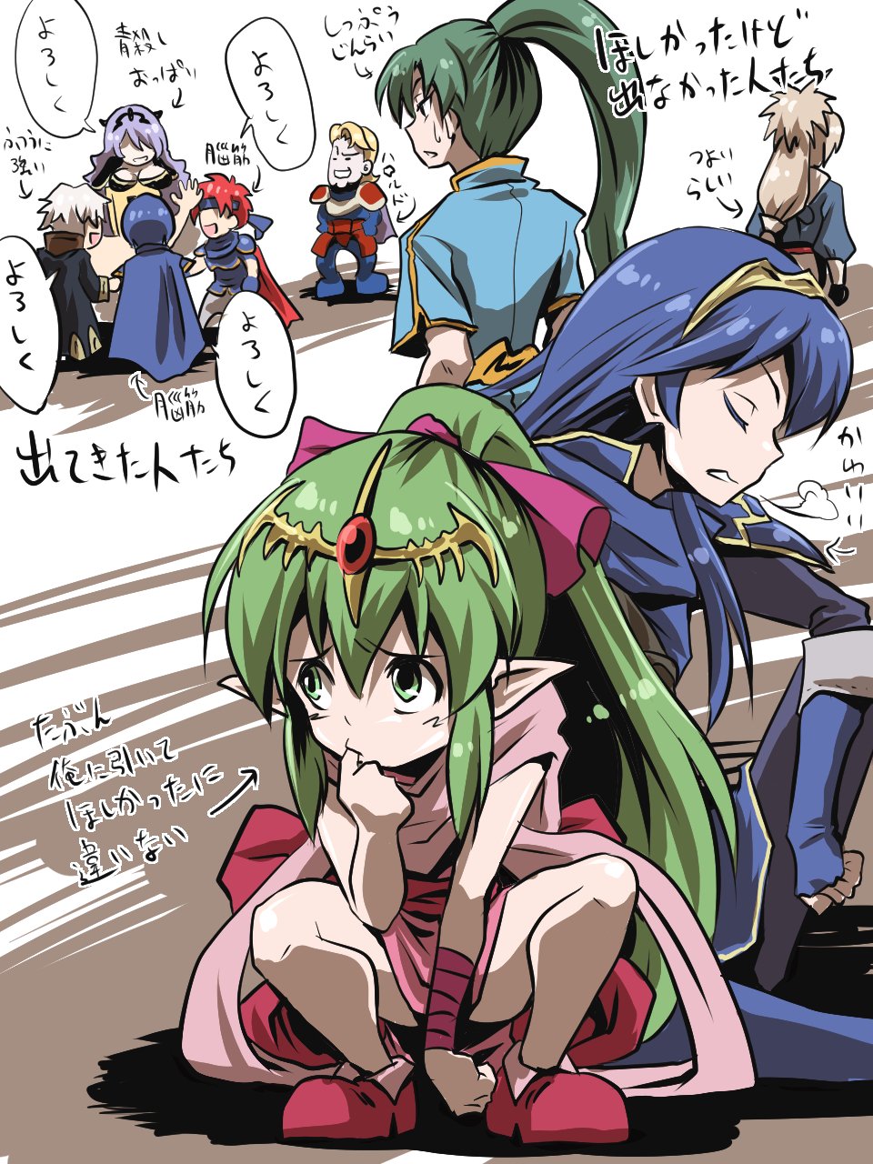 4boys, 5girls, angry, armor, arthur_(fire_emblem), blonde_hair, blue_eyes, blue_hair