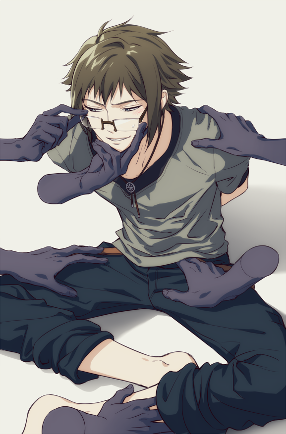 1boy, arms_behind_back, barefoot, belt, glasses, green_hair, hands, idolish_7