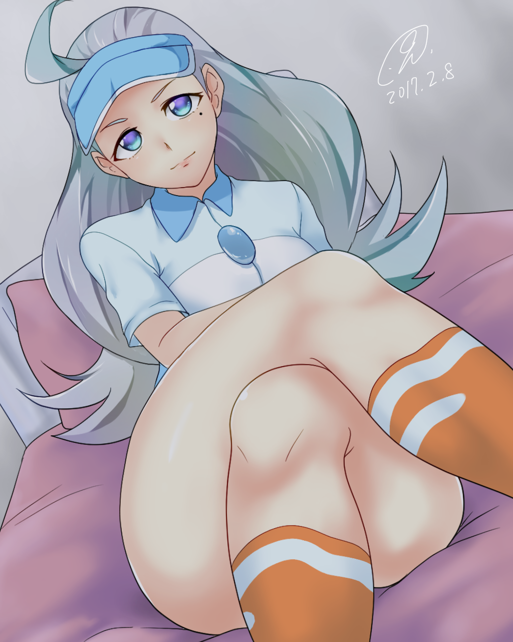1girl, 2017, 9rimson, ahoge, blue_eyes, breasts, dated, dutch_angle, highres, huge_ahoge, kahili_(pokemon), legs_crossed, light_smile, long_hair, looking_at_viewer, pokemon, pokemon_(game), pokemon_sm, signature, silver_hair, sitting, solo, thick_thighs, thighs, visor_cap, wide_hips