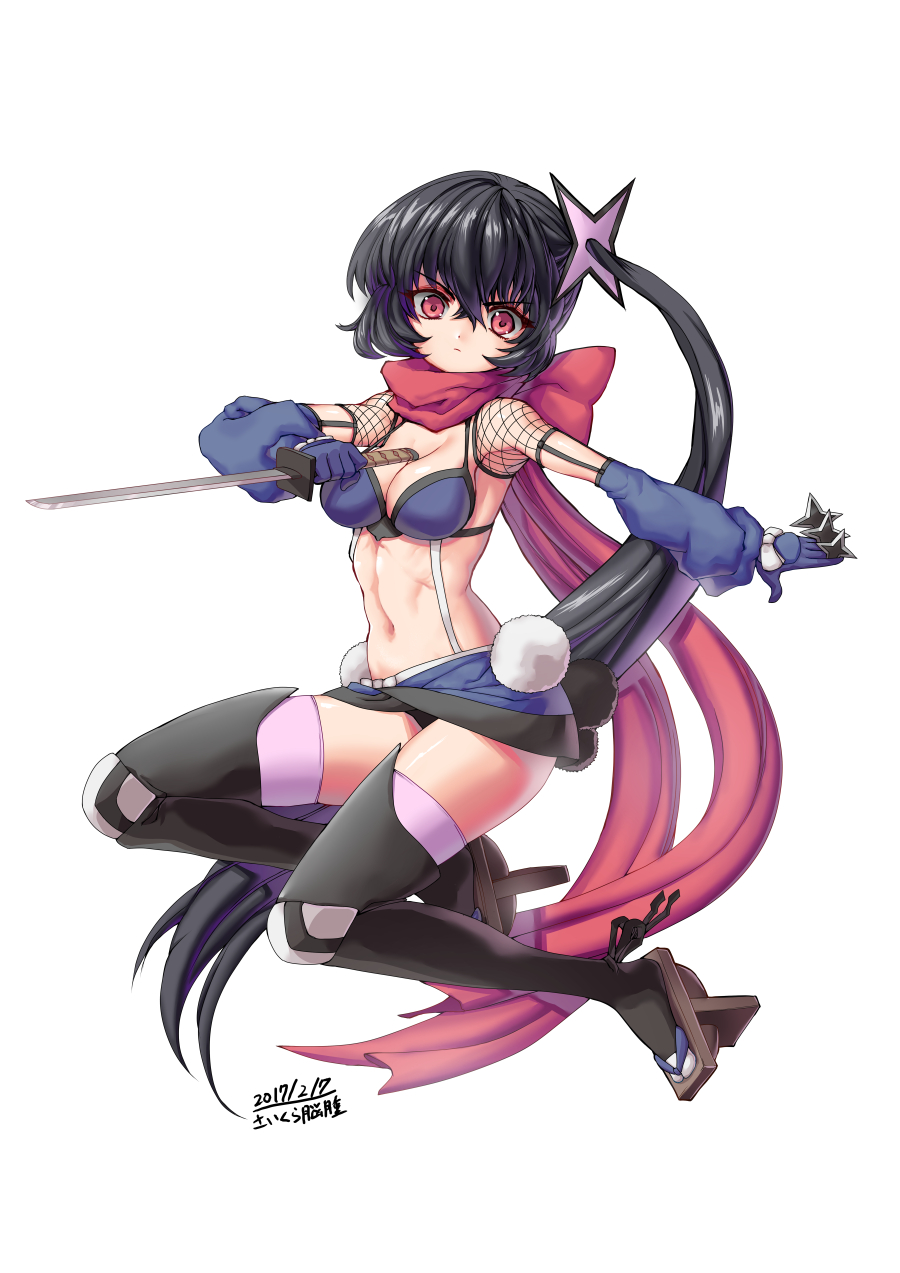 1girl, 2017, artist_name, black_hair, black_legwear, breasts, cleavage, closed_mouth