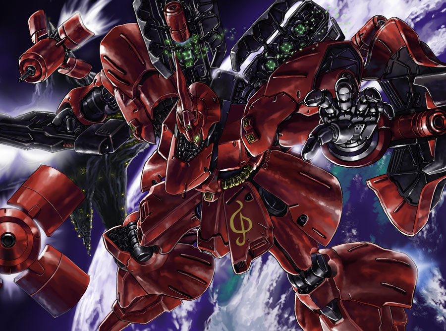 axis_(gundam), beam_rifle, char's_counterattack, char's_counterattack, earth, funnels, glowing_eye, gun