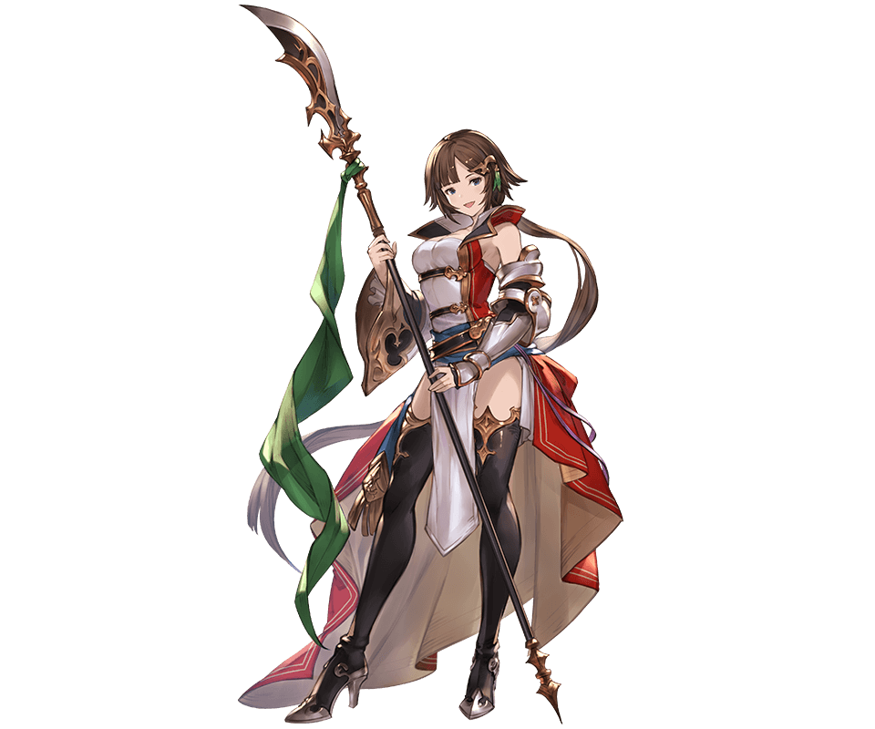 1girl, black_legwear, breasts, brown_hair, cleavage, detached_sleeves, full_body, granblue_fantasy