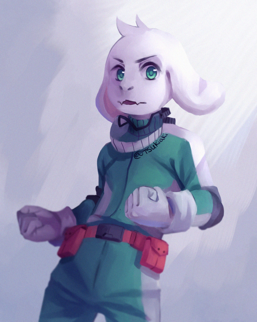 1boy, artist_name, asriel_dreemurr, belt, boku_no_hero_academia, clenched_hands, cosplay, fangs, green_eyes, highres, male_focus, midoriya_izuku, midoriya_izuku_(cosplay), no_humans, parted_lips, solo, spoilers, tsukiaki, undertale, white_hair