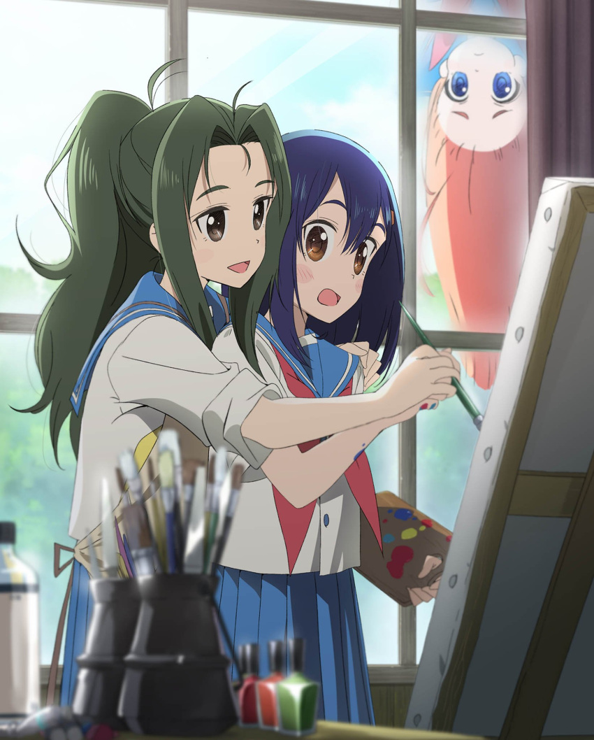 3girls, :d, blue_eyes, blue_hair, blurry, blush, brown_eyes, curtains