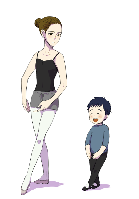 1boy, 1girl, ^_^, ballet_slippers, black_hair, brown_hair, child, closed_eyes