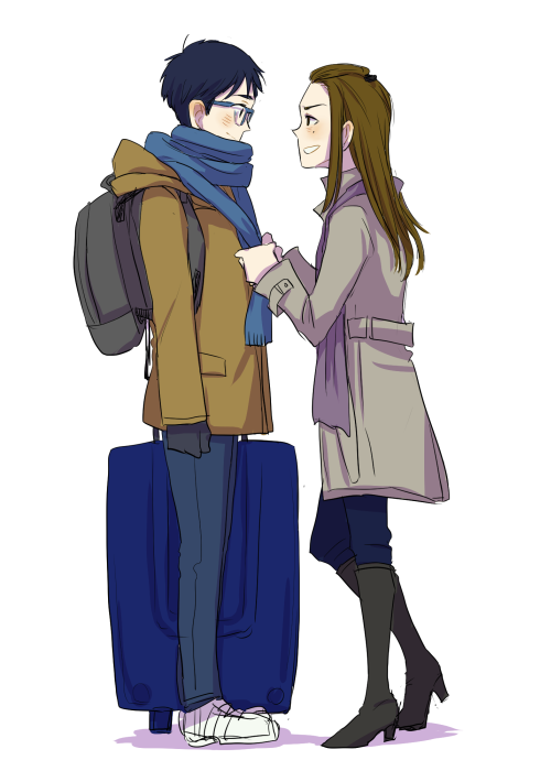 1boy, 1girl, adjusting_scarf, backpack, bag, black_hair, boots, brown_eyes