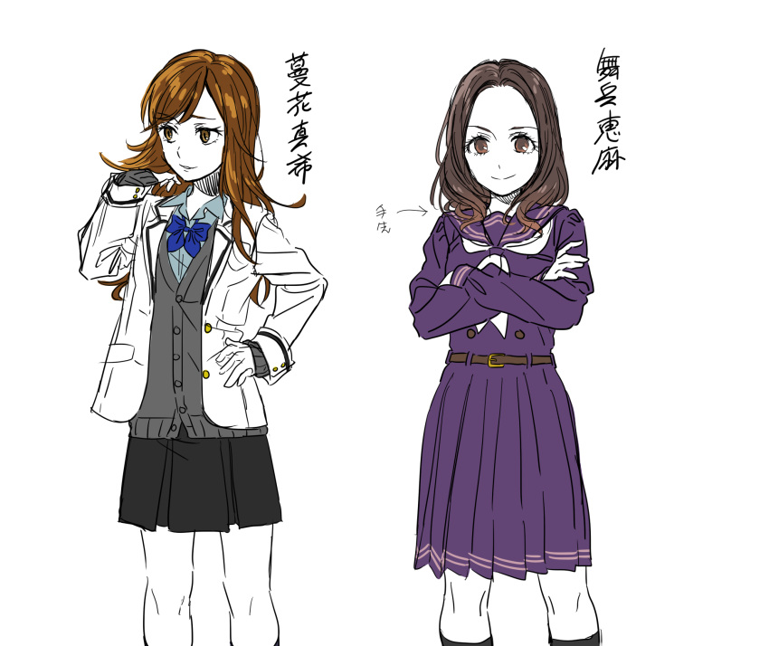 2girls, black_hair, blazer, bow, bowtie, brown_eyes, brown_hair, highres, jacket, kenkyo_kenjitsu_wo_motto_ni_ikite_orimasu, long_hair, maihama_ema, multiple_girls, rahakan, school_uniform, sketch, skirt, translated, tsuruhana_maki