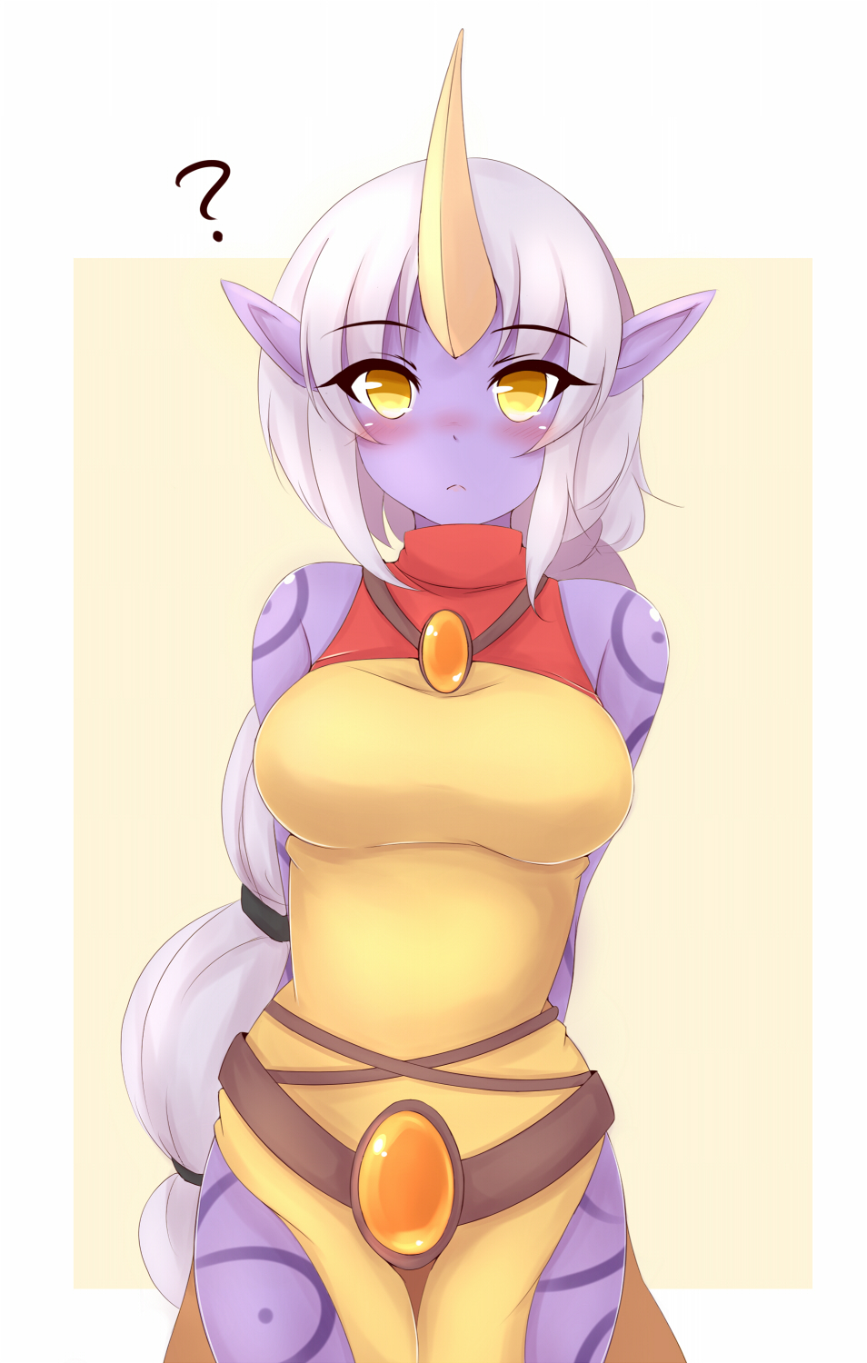 1girl, ?, arms_behind_back, ayatori_(aytr), blush, breasts, frown, highres