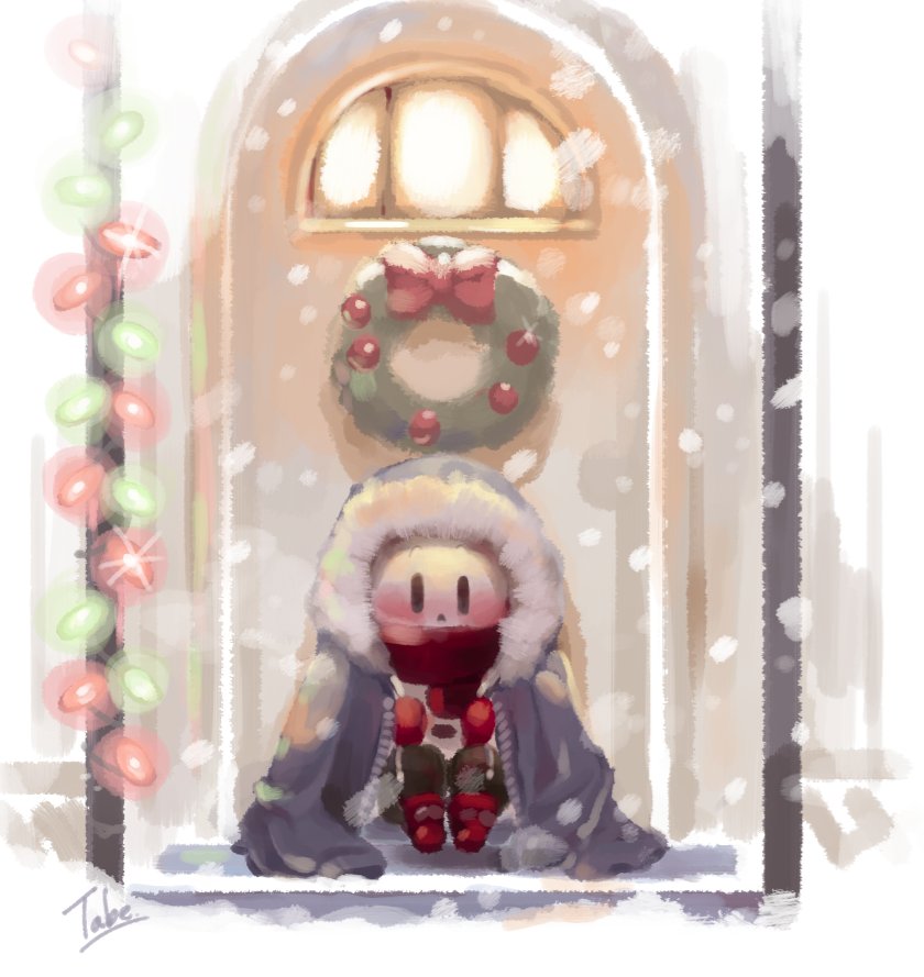 1boy, aged_down, artist_name, blush, bow, child, christmas_lights, coat
