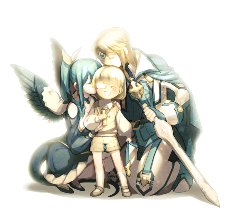1girl, 2boys, :d, alternate_hair_length, alternate_hairstyle, arm_around_shoulder, blonde_hair, blue_gloves