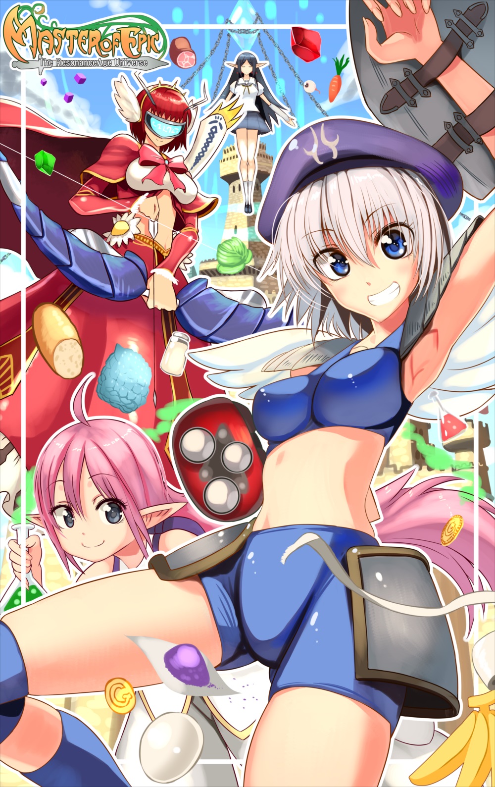 4girls, black_hair, blue_eyes, blush, breasts, character_request, elf, head_mounted_display