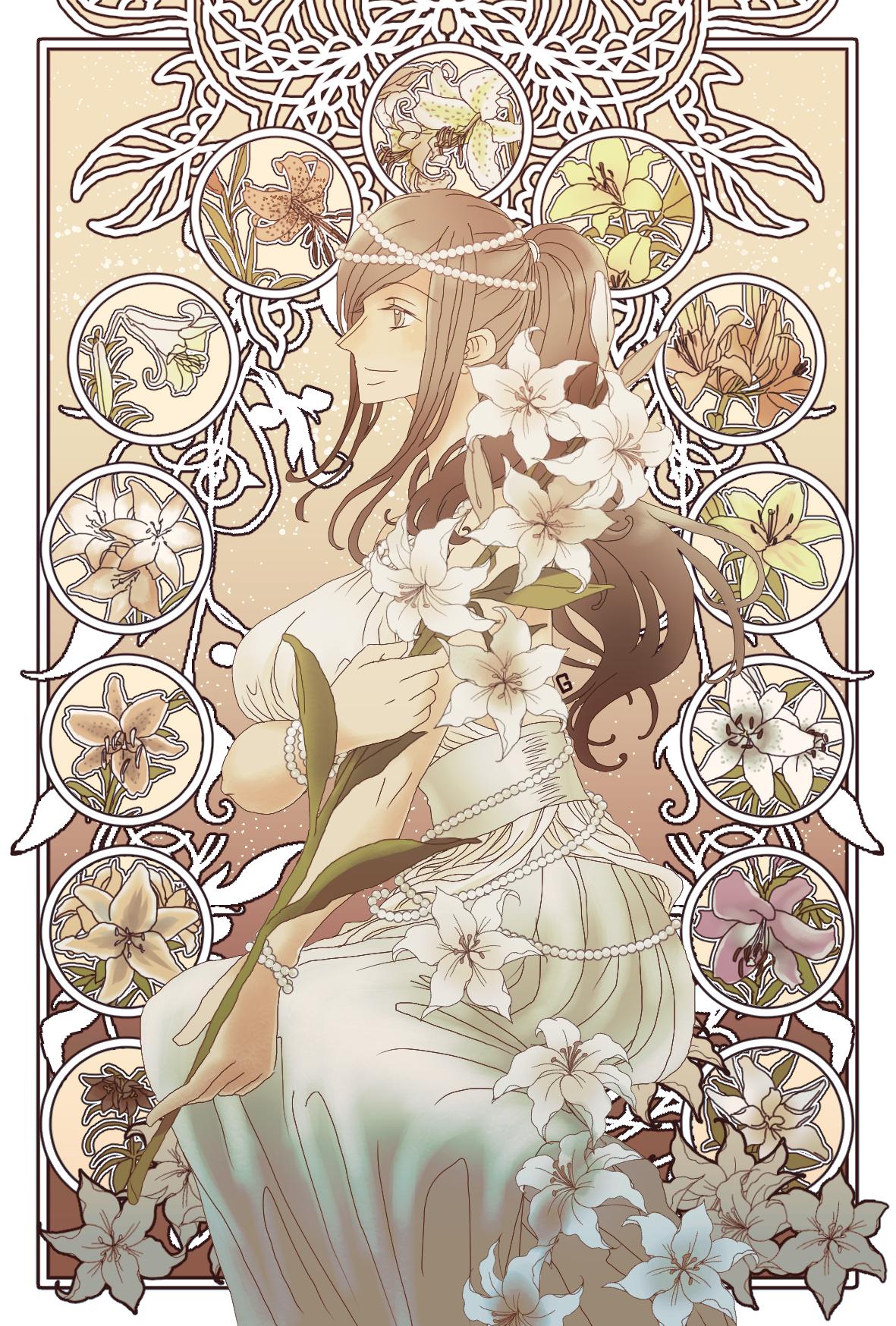 1girl, alternate_costume, artist_name, bare_arms, bare_shoulders, bracelet, dress, eyebrows_visible_through_hair, flower, from_side, g_(pixiv10385760), highres, holding, holding_flower, jewelry, long_hair, looking_afar, necklace, nico_robin, one_piece, open-back_dress, pearl_bracelet, pearl_necklace, ponytail, sepia, sitting, smile, solo