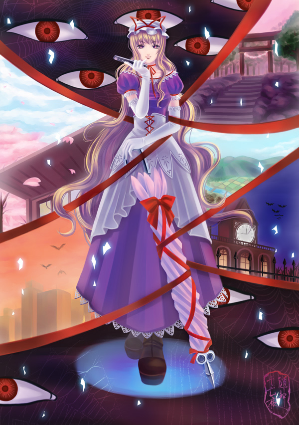 blonde_hair, cherry_blossoms, cityscape, elbow_gloves, eyes, gap, gloves, kannagara_kanagi