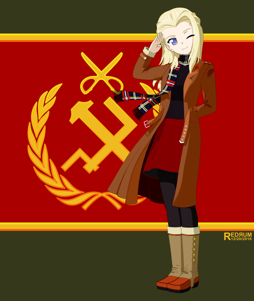 1girl, 2016, ;), absurdres, arms_behind_back, artist_name, black_legwear, black_shirt, blonde_hair, blue_eyes, boots, brown_coat, clara_(girls_und_panzer), coat, dated, emblem, flag_background, full_body, girls_und_panzer, head_tilt, highres, long_hair, long_sleeves, looking_at_viewer, number, one_eye_closed, open_clothes, open_coat, pantyhose, plaid, plaid_scarf, pravda_(emblem), red_skirt, redrum_(haghighiaria25), salute, scarf, shirt, skirt, smile, solo, standing, stirrups