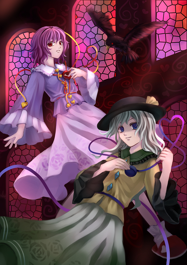 bird, birds, blue_eyes, crow, kannagara_kanagi, komeiji_koishi, komeiji_satori, purple_hair