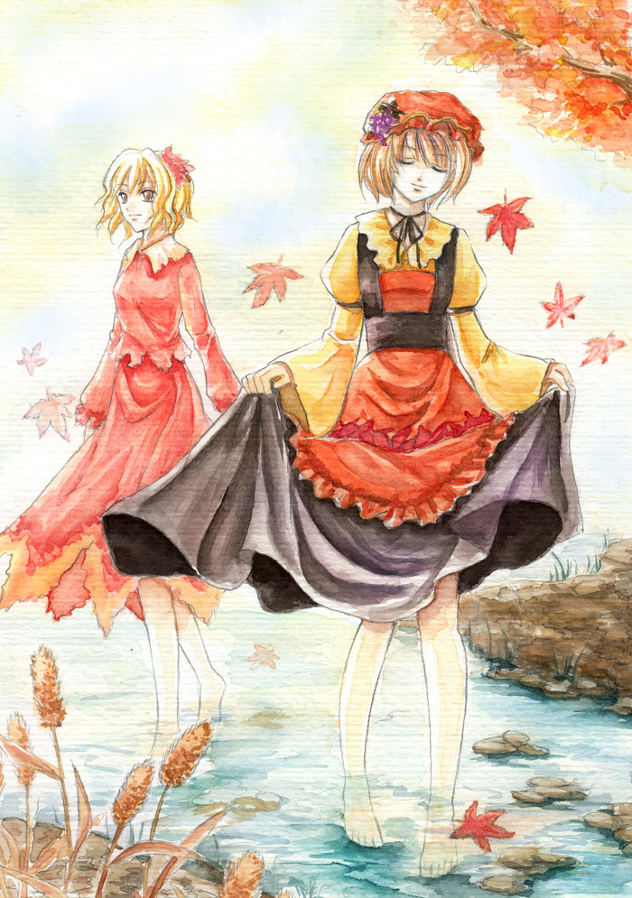 aki_minoriko, aki_shizuha, autumn, bad_id, barefoot, kannagara_kanagi, leaf, leaves