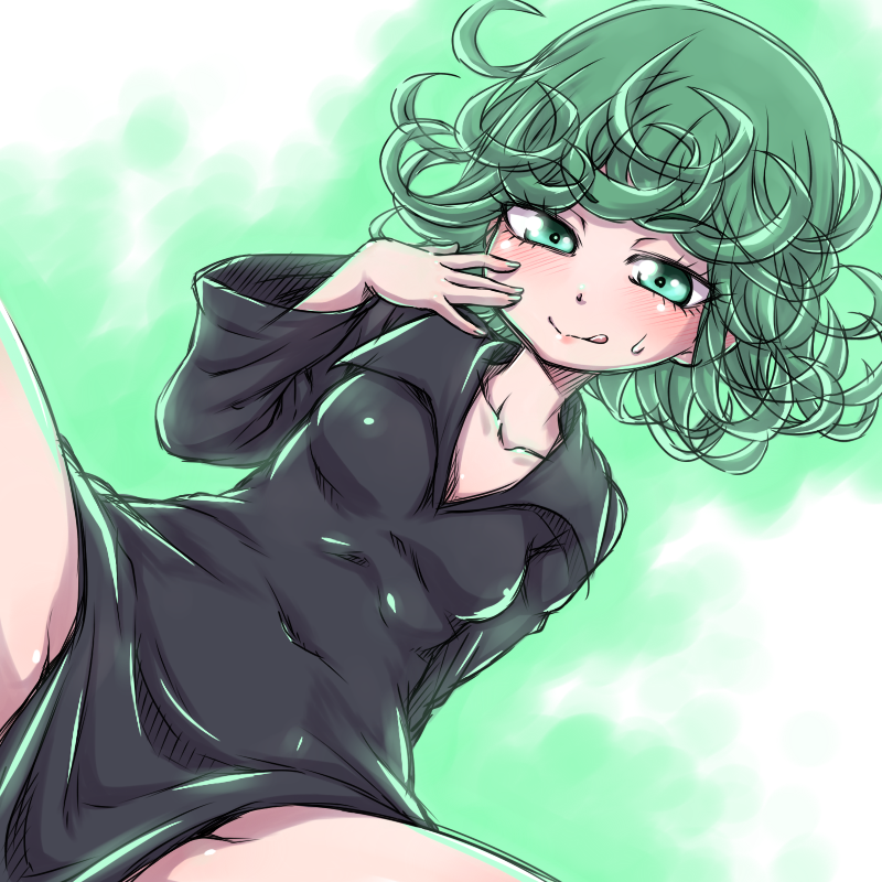 1girl, black_dress, blush, breasts, covered_navel, curly_hair, dress, green_eyes