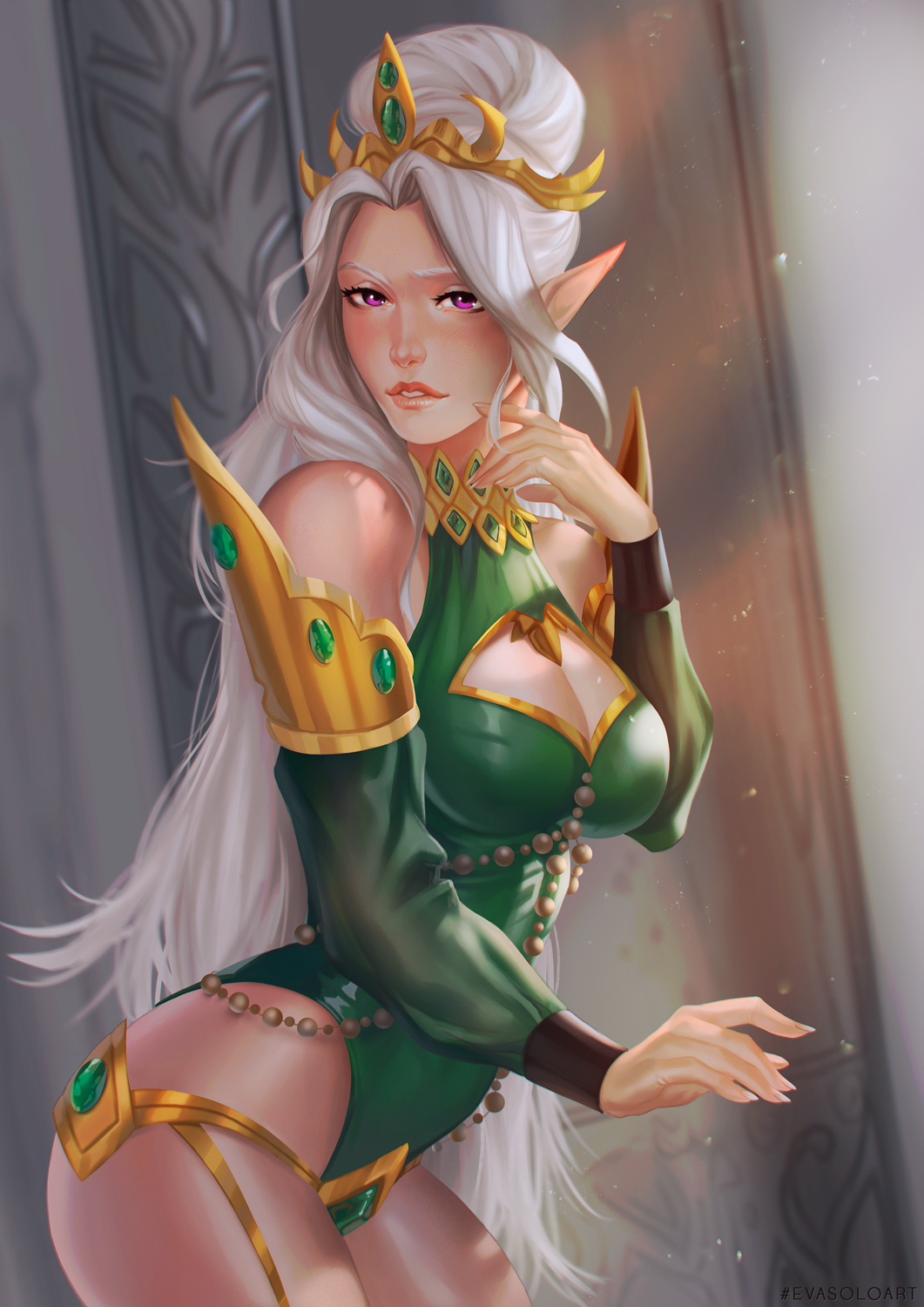 1girl, breasts, cleavage, detached_sleeves, dutch_angle, elf, eva_solo, finger_to_cheek