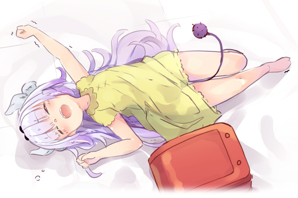 1girl, backpack, bag, bangs, barefoot, blunt_bangs, blush, child, chonbo_(artist), closed_eyes, dragon_girl, dragon_horns, dragon_tail, hairband, horns, kanna_kamui, kobayashi-san_chi_no_maidragon, long_hair, lying, monster_girl, on_back, pajamas, randoseru, see-through_silhouette, silver_hair, sleeping, solo, tail