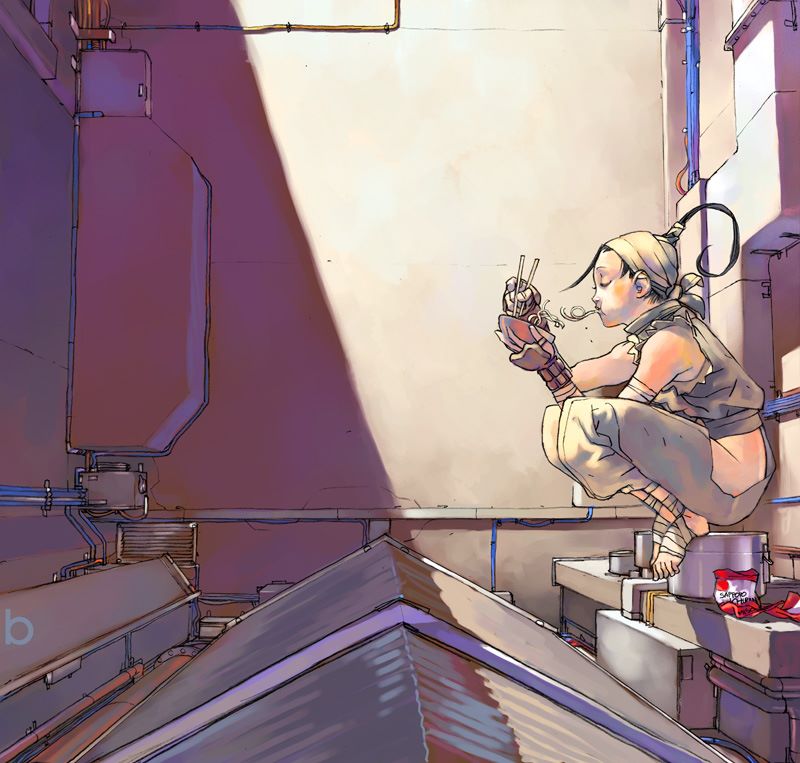 1girl, ankle_wraps, bandage, barefoot, bengal, black_hair, bowl, chopsticks, closed_eyes, eating, food, hip_vent, ibuki_(street_fighter), long_hair, ninja, noodles, ponytail, rooftop, sleeveless, solo, squatting, street_fighter, street_fighter_iii_(series), toes