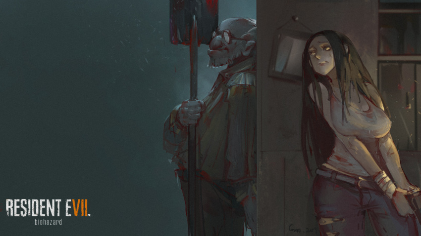 1boy, 1girl, against_wall, beard, black_hair, blood, bloody_clothes, bloody_weapon