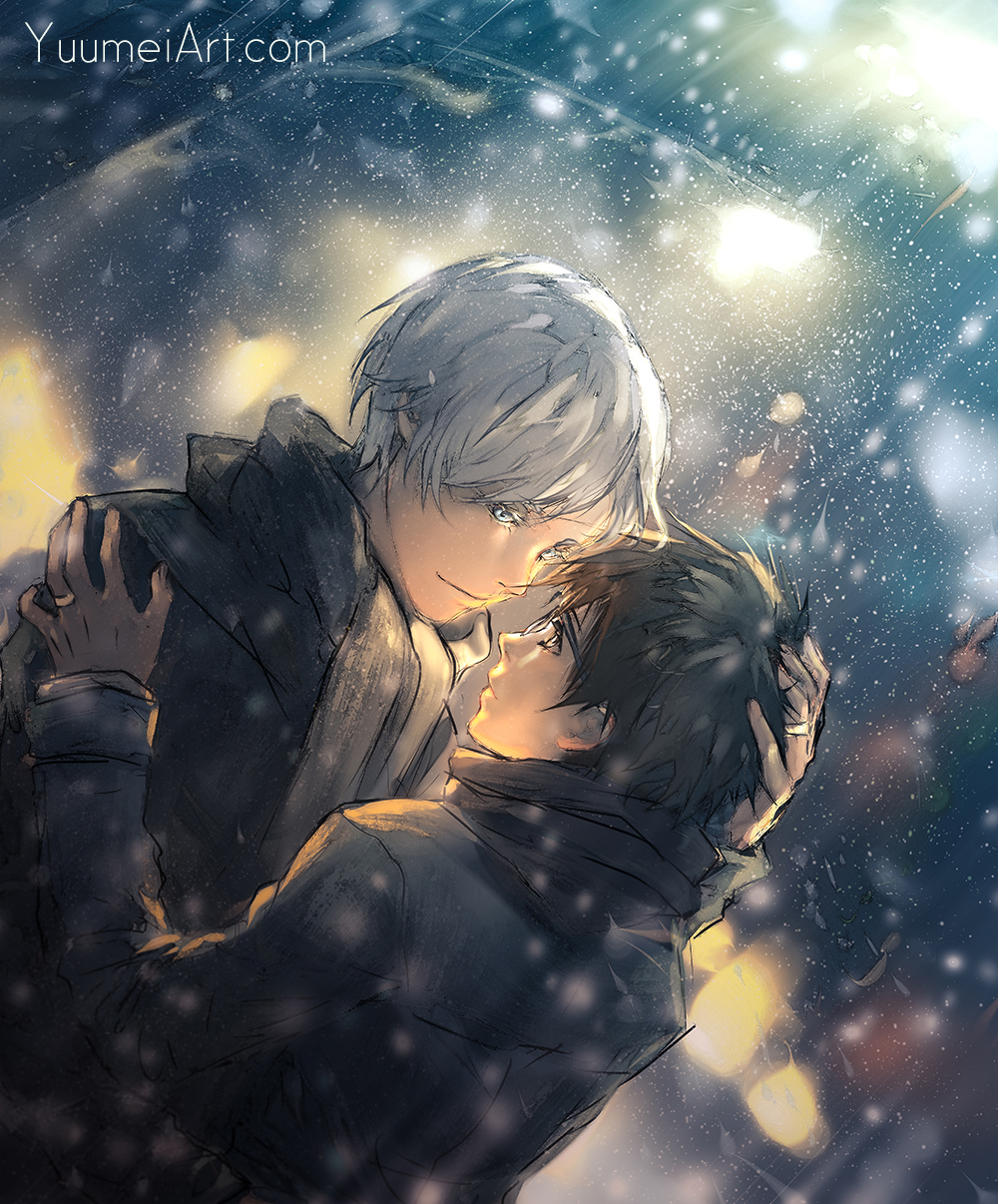 2boys, black_hair, blue_eyes, brown_eyes, dutch_angle, eye_contact, glasses, grey_eyes