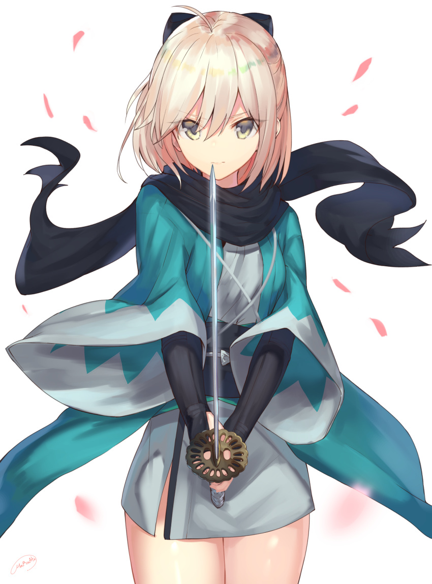 1girl, ahoge, ato_(haru_ato), blonde_hair, blurry, bow, cherry_blossoms, depth_of_field