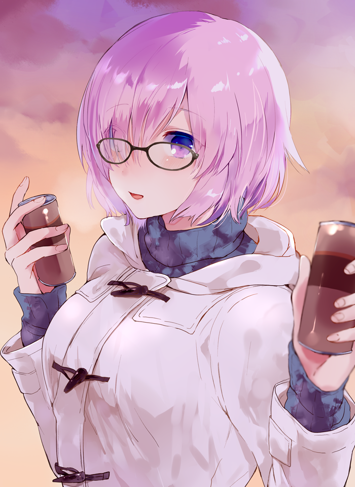 1girl, :d, bangs, black-framed_eyewear, blurry, blush, can, commentary_request, depth_of_field, eyebrows_visible_through_hair, fate/grand_order, fate_(series), fingernails, glasses, hair_over_one_eye, holding, holding_can, hood, hood_down, hooded_jacket, jacket, kanaicooo, long_sleeves, looking_at_viewer, one_eye_covered, open_mouth, outdoors, pov_dating, purple_hair, shielder_(fate/grand_order), shiny, shiny_hair, short_hair, sky, smile, solo, sweater, turtleneck, turtleneck_sweater, twilight, upper_body, violet_eyes, white_jacket, winter_clothes