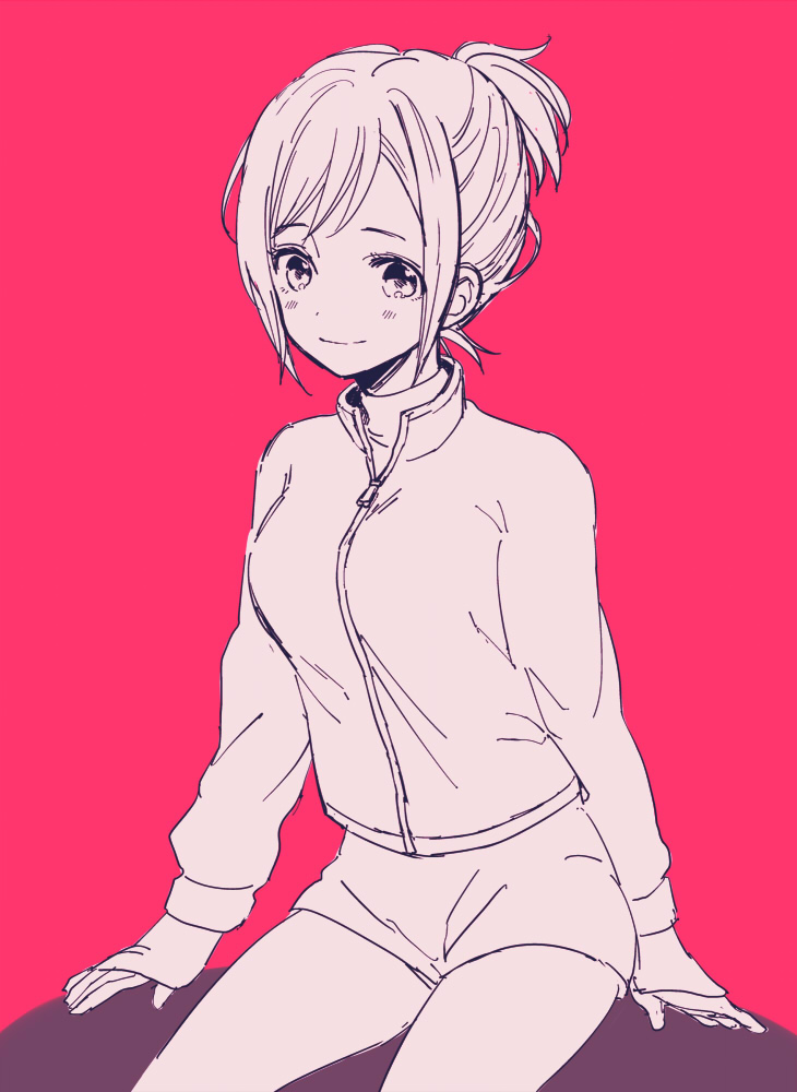 1girl, daginin, jacket, monochrome, nishigoori_yuuko, ponytail, red_background, shorts