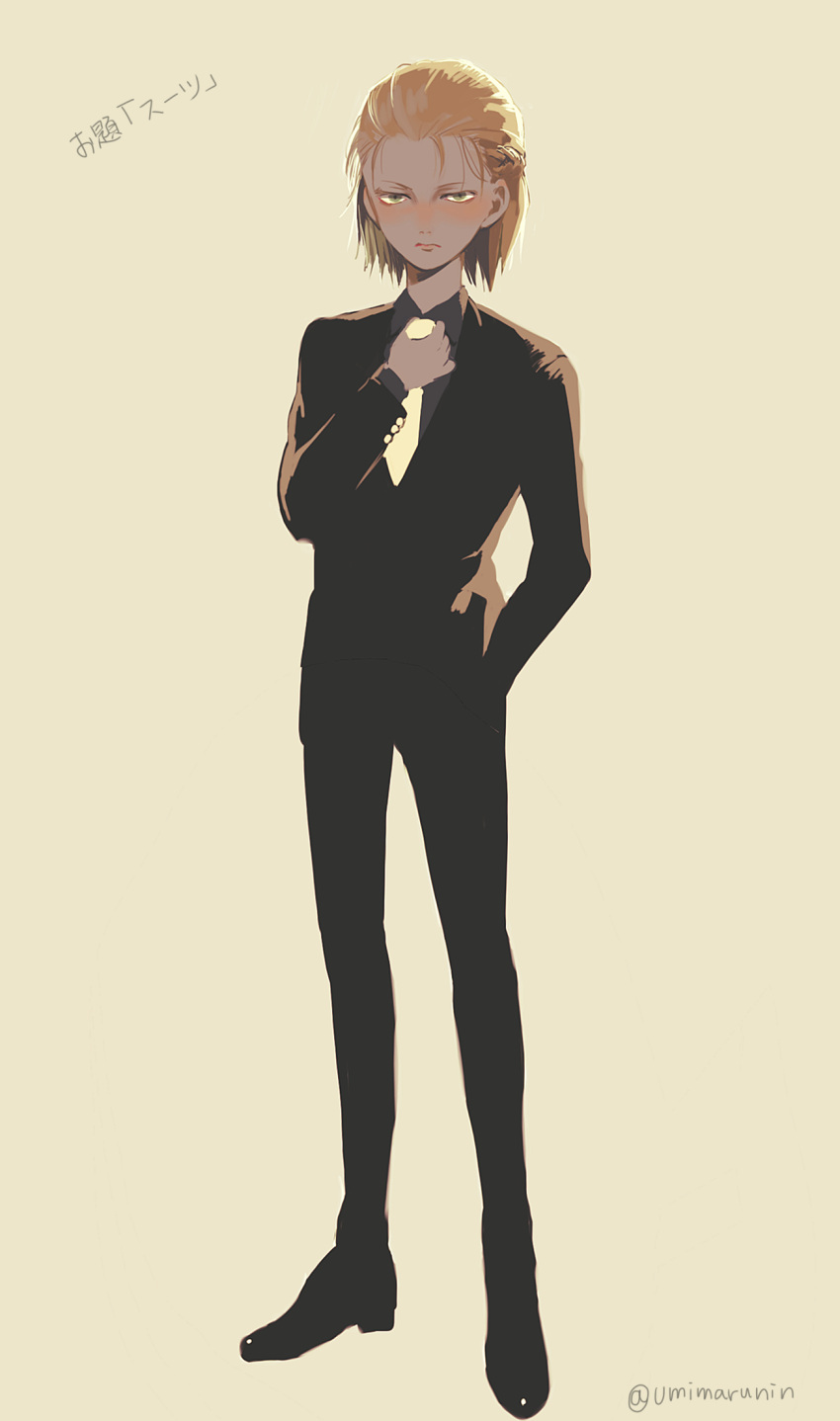 1boy, adjusting_clothes, adjusting_necktie, blonde_hair, braid, daginin, formal, full_body