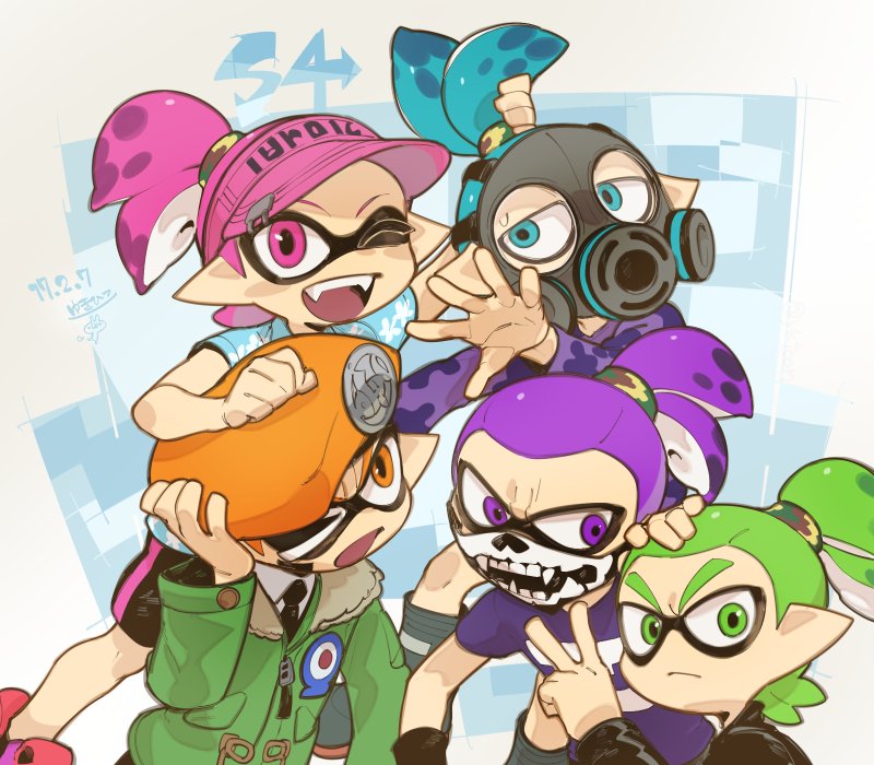 5boys, aloha-kun_(splatoon), army-kun_(splatoon), bandana_over_mouth, beret, blue_eyes, blue_hair, camouflage