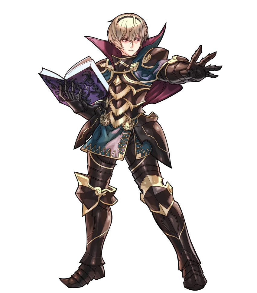 1boy, armor, armored_boots, blonde_hair, book, boots, cape, fire_emblem