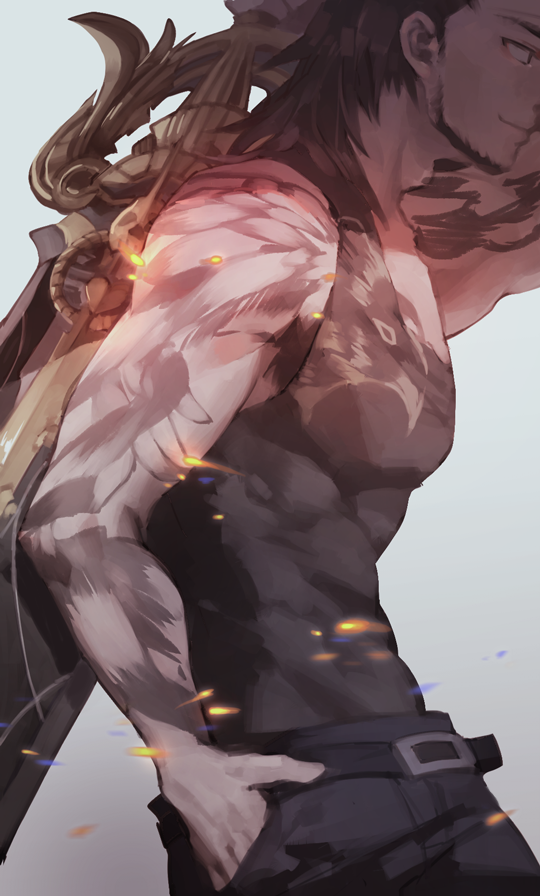 1boy, bayinxie, beard, belt, black_hair, embers, facial_hair, final_fantasy