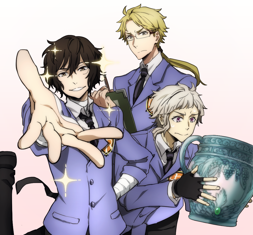 3boys, bandage, brown_eyes, brown_hair, bungou_stray_dogs, clipboard, dazai_osamu_(bungou_stray_dogs), fingerless_gloves
