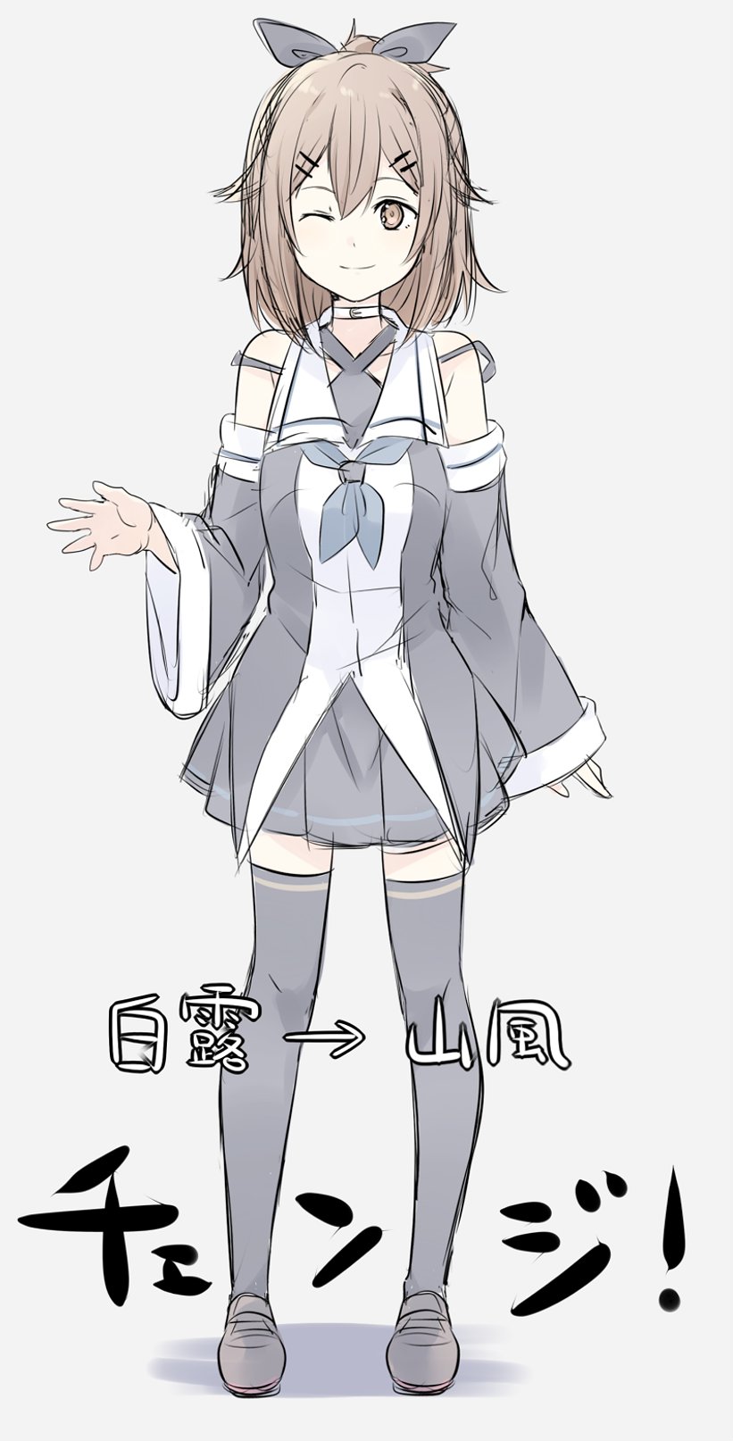 1girl, ;), alternate_hairstyle, black_ribbon, brown_eyes, brown_hair, character_name, choker