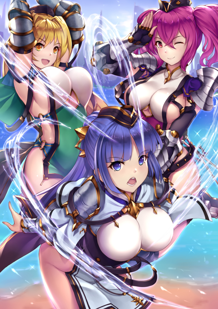 3girls, :d, ;), arm_belt, arms_at_sides, arms_up, bangs, bare_shoulders