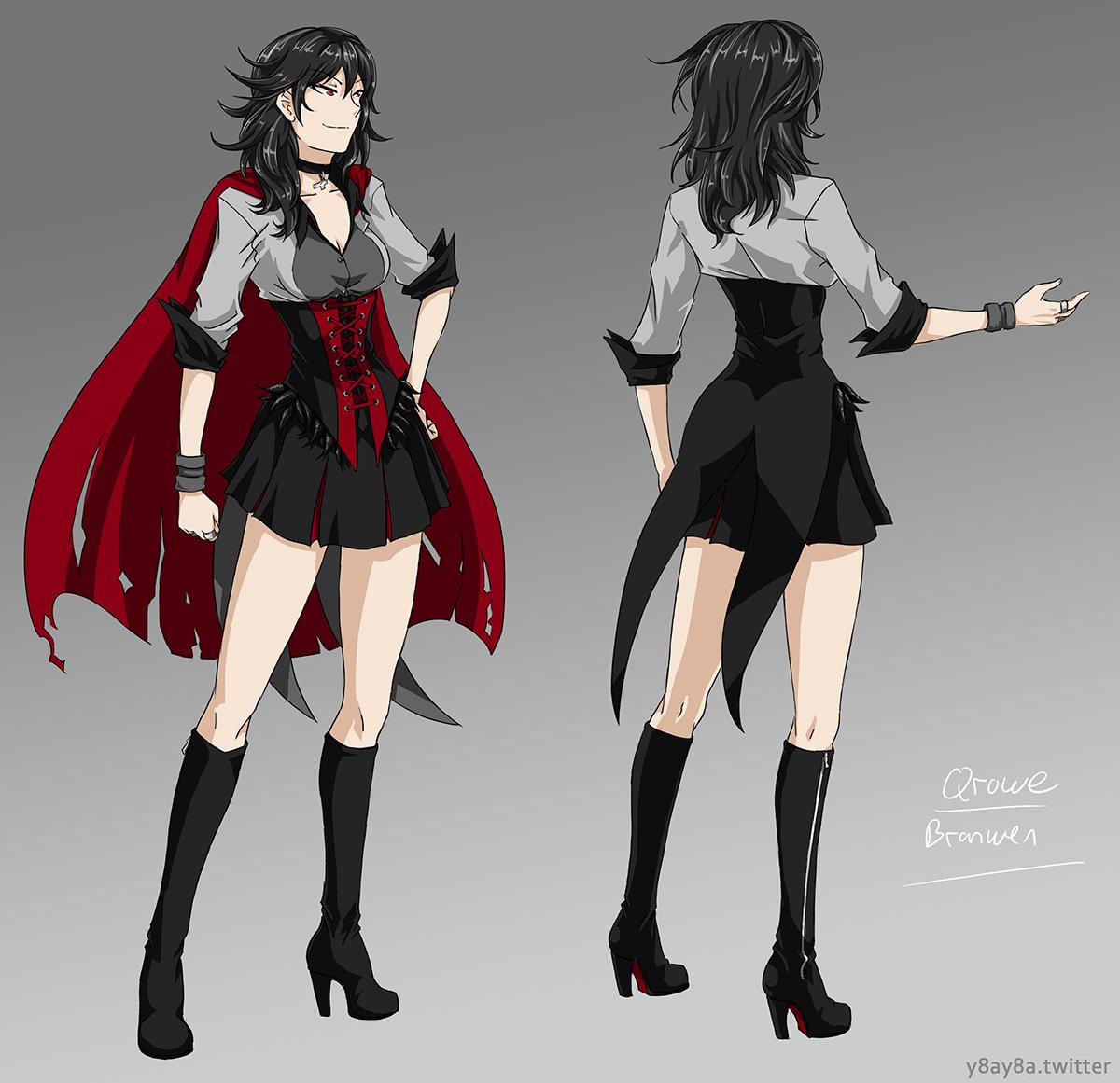 1girl, black_hair, boots, breasts, cape, cleavage, corset, cross, cross_necklace, feathers, full_body, genderswap, genderswap_(mtf), high_heel_boots, high_heels, jewelry, multiple_views, necklace, qrow_branwen, red_eyes, rwby, smirk, thighs, yaya_(y8ay8a)