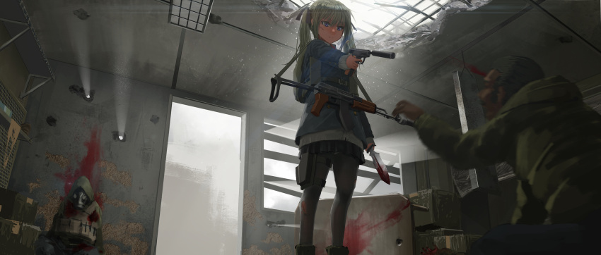1girl, 2boys, absurdres, after_battle, aiming, ak-74, assault_rifle, blonde_hair