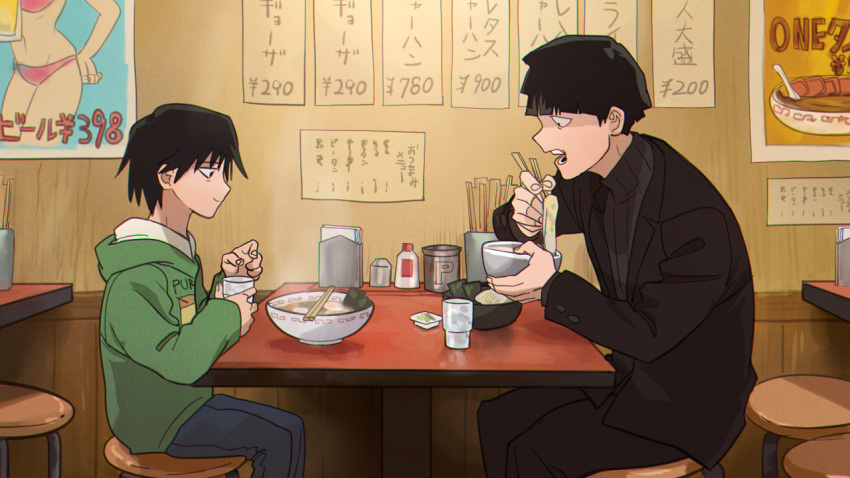 2boys, age_switch, black_hair, bowl_cut, chopsticks, cup, daijyuu, drinking_glass, eating, food, formal, hood, hoodie, kageyama_shigeo, looking_down, male_focus, mayonnaise, mob_psycho_100, mogami_keiji, multiple_boys, napkin, napkin_holder, noodles, older, open_mouth, poster_(object), ramen, restaurant, ribbed_sweater, smile, steam, stool, suit, sweater, table, younger