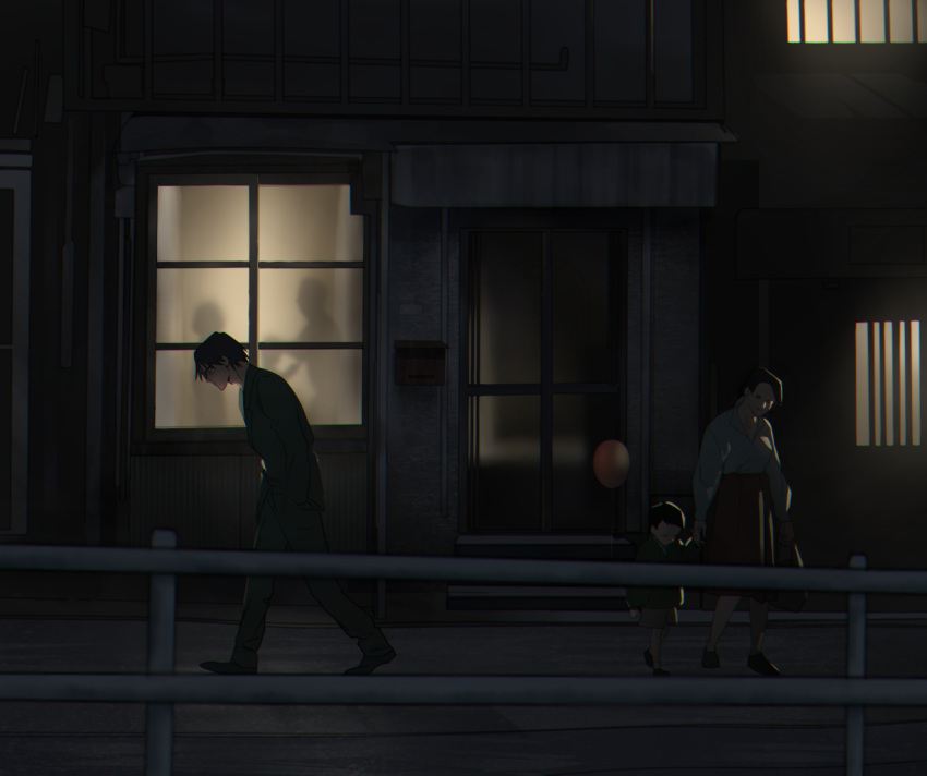 1girl, 2boys, balloon, daijyuu, hand_holding, hands_in_pockets, hunched_over, mob_psycho_100, mogami_keiji, mother_and_son, multiple_boys, night, outdoors, railing, shirt_tucked_in, silhouette, skirt, walking, window