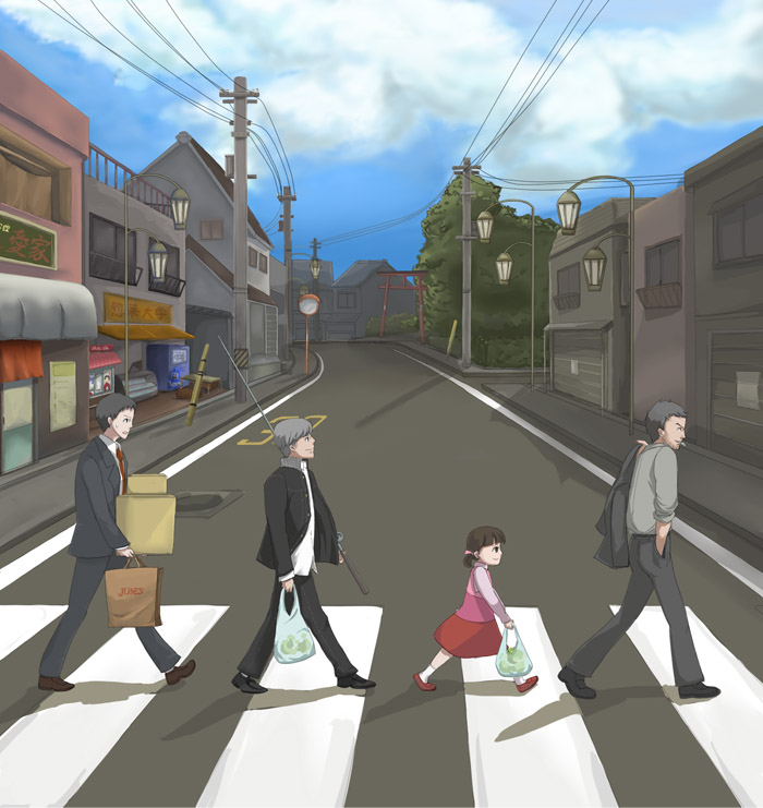 adachi_tohru, adachi_tooru, beatles, cigarette, crossing, crosswalk, doujima_nanako, doujima_ryotaro