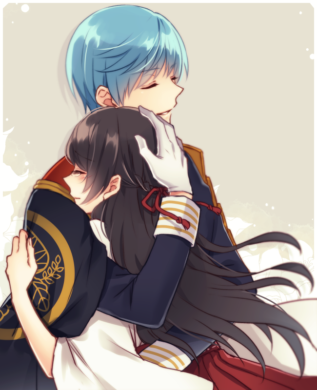 1boy, 1girl, black_hair, blue_hair, braid, cape, closed_eyes, closed_mouth