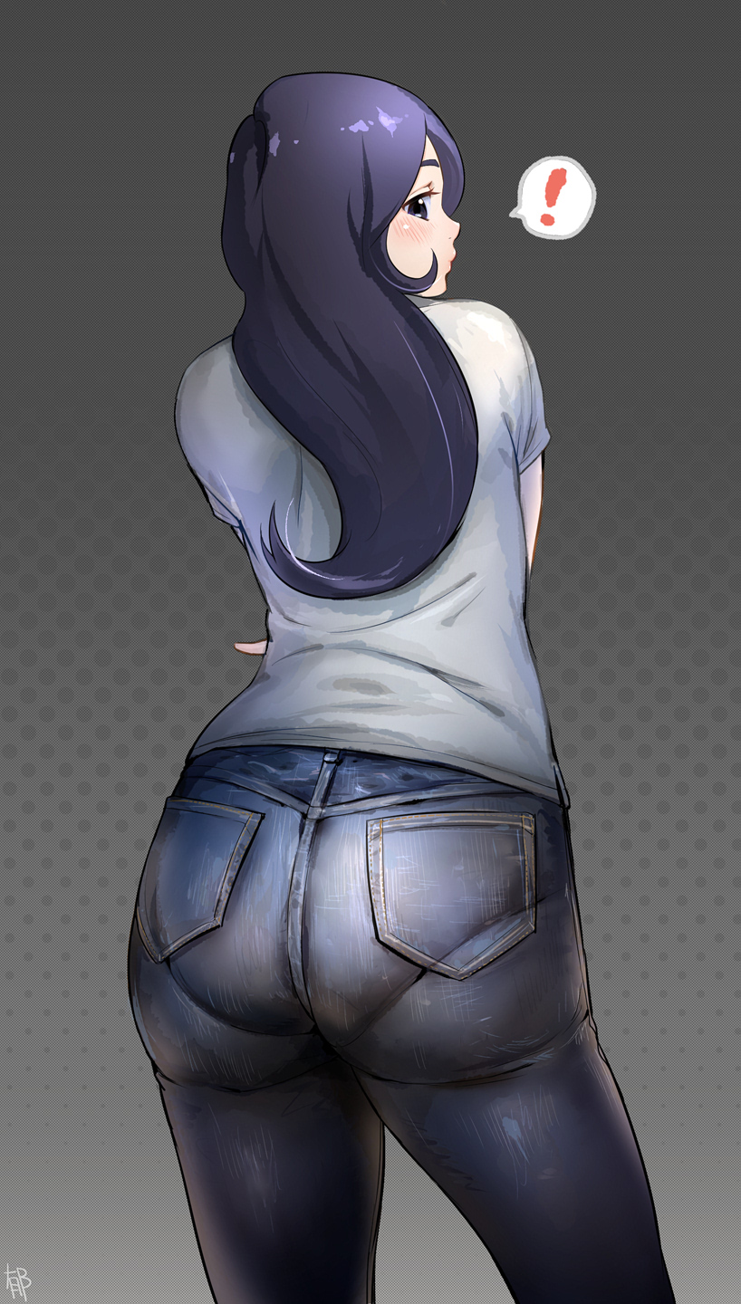 !, 1girl, ass, blue_eyes, blue_hair, blush, denim, highres