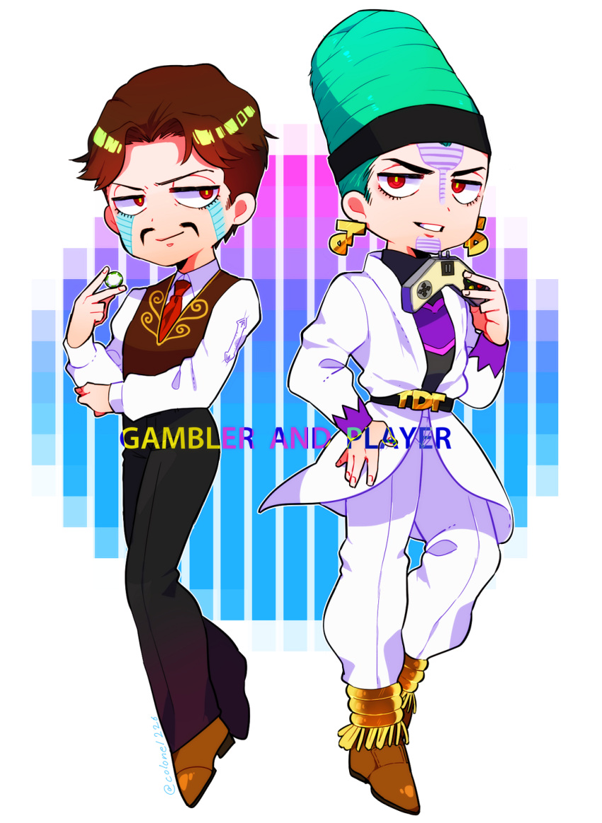 2boys, age_(moco018), aqua_hair, belt, brothers, brown_hair, controller, daniel_d'arby