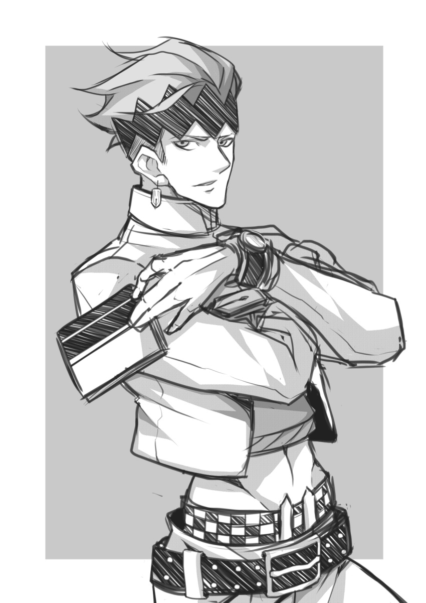 1boy, anchorage_akiko, belt, crop_top, earrings, groin, headband, highres