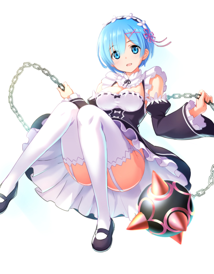 1girl, bangs, black_shoes, blue_eyes, blue_hair, breasts, chains, cleavage