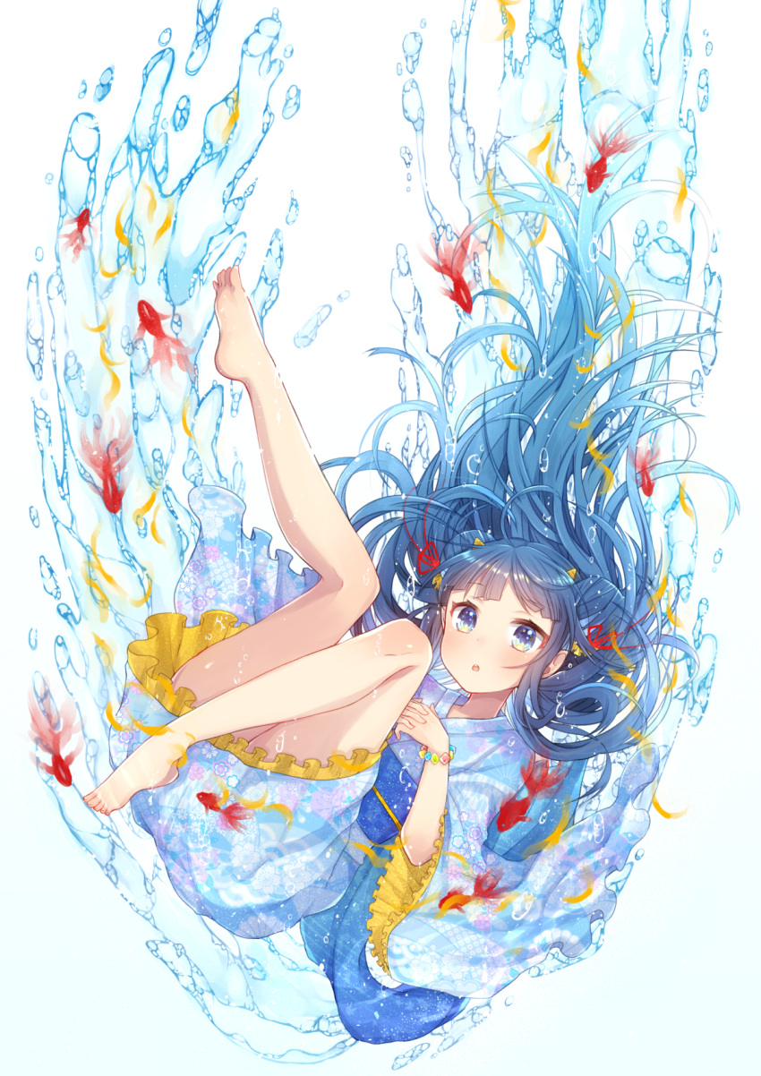 1girl, :o, akiran'nu, bangs, blue_eyes, blue_hair, blue_kimono, blush