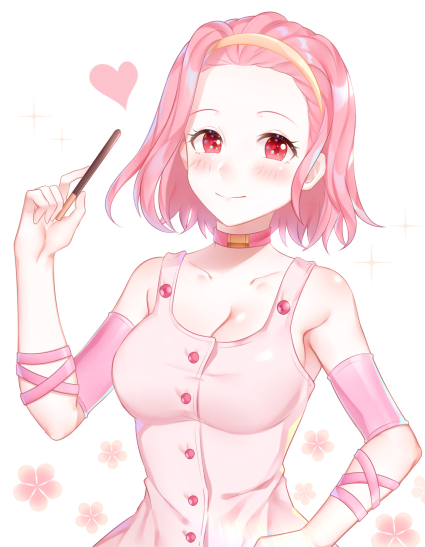 1girl, breasts, choker, cleavage, collarbone, dress, floral_background, food